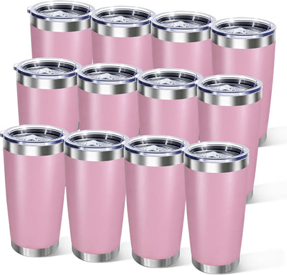 20oz Stainless Steel Tumbler Bulk with Lid, Double Wall Vacuum Insulated Powder Coated Travel Mug, Light Pink, 12 Pack