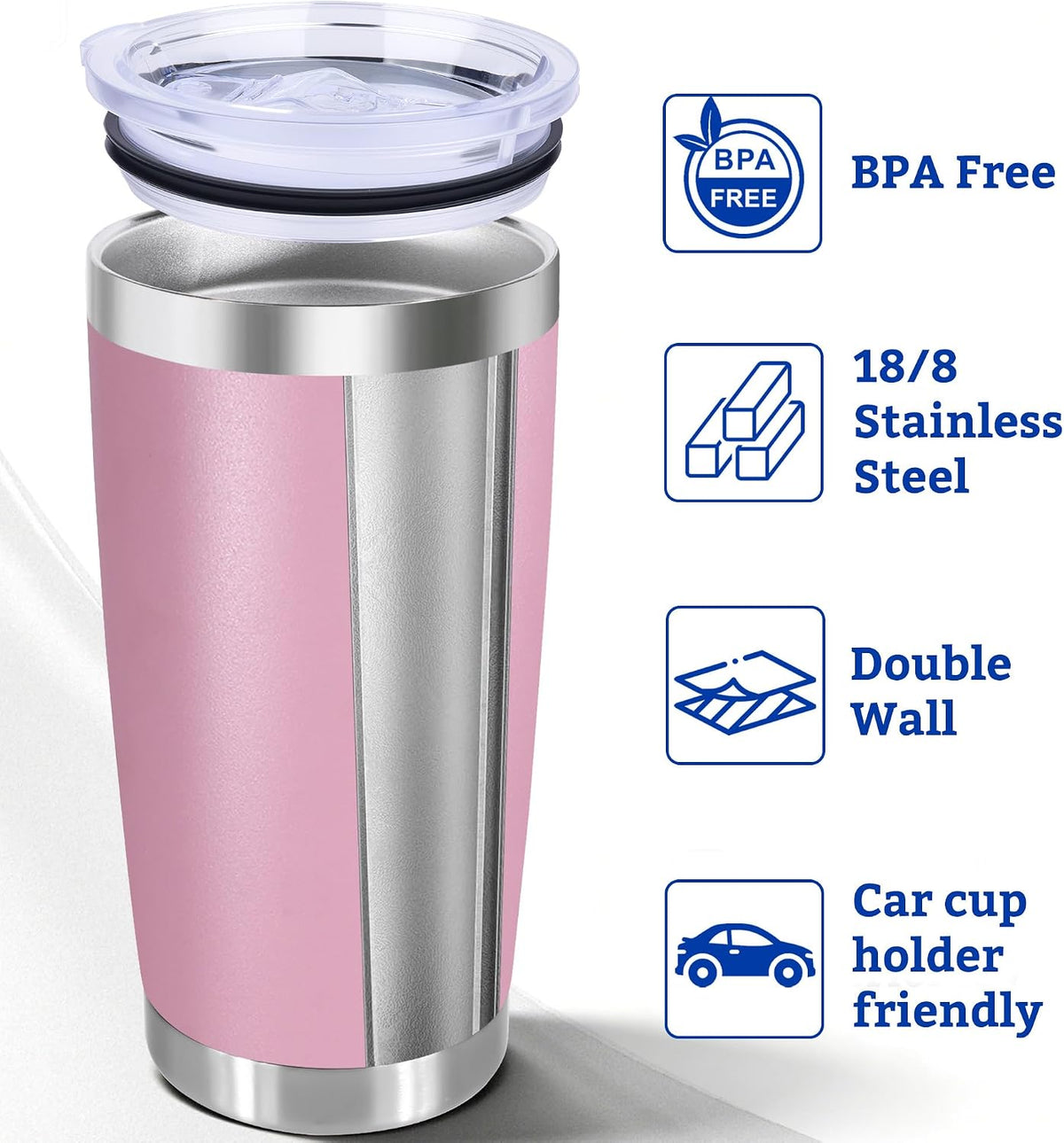 20oz Stainless Steel Tumbler Bulk with Lid, Double Wall Vacuum Insulated Powder Coated Travel Mug, Light Pink, 12 Pack