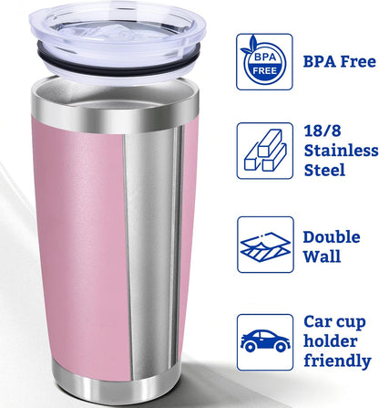 20oz Stainless Steel Tumbler Bulk with Lid, Double Wall Vacuum Insulated Powder Coated Travel Mug, Light Pink, 12 Pack