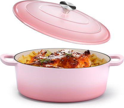 Oval Dutch Oven with Lid, Enameled Cast Dutch Oven Pot for Bread Baking, Braising, Stewing, Roasting, Non-Stick & Oven Safe, Dual Handles & Easy Clean, 5QT & Pink, Valentine's Day