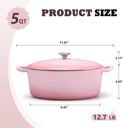 Oval Dutch Oven with Lid, Enameled Cast Dutch Oven Pot for Bread Baking, Braising, Stewing, Roasting, Non-Stick & Oven Safe, Dual Handles & Easy Clean, 5QT & Pink, Valentine's Day
