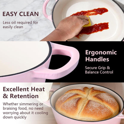 Oval Dutch Oven with Lid, Enameled Cast Dutch Oven Pot for Bread Baking, Braising, Stewing, Roasting, Non-Stick & Oven Safe, Dual Handles & Easy Clean, 5QT & Pink, Valentine's Day