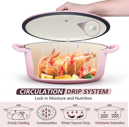 Oval Dutch Oven with Lid, Enameled Cast Dutch Oven Pot for Bread Baking, Braising, Stewing, Roasting, Non-Stick & Oven Safe, Dual Handles & Easy Clean, 5QT & Pink, Valentine's Day