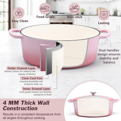 Oval Dutch Oven with Lid, Enameled Cast Dutch Oven Pot for Bread Baking, Braising, Stewing, Roasting, Non-Stick & Oven Safe, Dual Handles & Easy Clean, 5QT & Pink, Valentine's Day