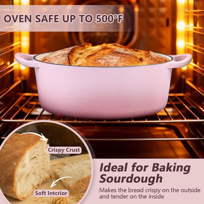 Oval Dutch Oven with Lid, Enameled Cast Dutch Oven Pot for Bread Baking, Braising, Stewing, Roasting, Non-Stick & Oven Safe, Dual Handles & Easy Clean, 5QT & Pink, Valentine's Day