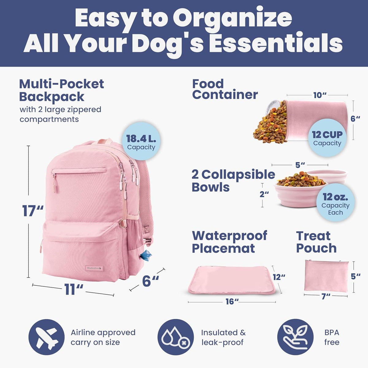 Dog Travel Backpack for Supplies - Dog Diaper Bag with Travel Bowls