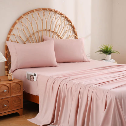 Dusty Pink Queen Sheet Set Side Pocket, Microfiber Deep Pocket with Corner Straps