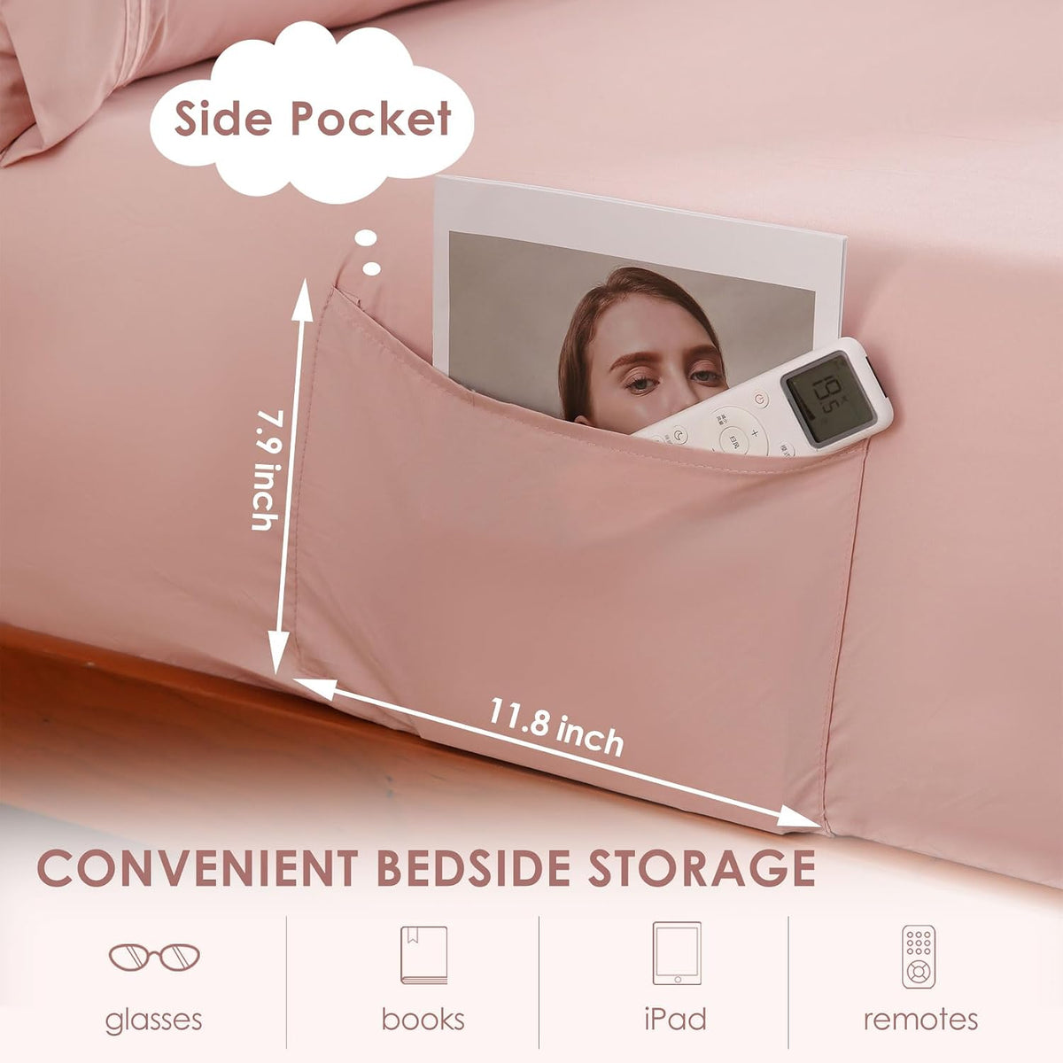 Dusty Pink Queen Sheet Set Side Pocket, Microfiber Deep Pocket with Corner Straps