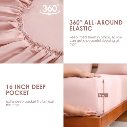 Dusty Pink Queen Sheet Set Side Pocket, Microfiber Deep Pocket with Corner Straps