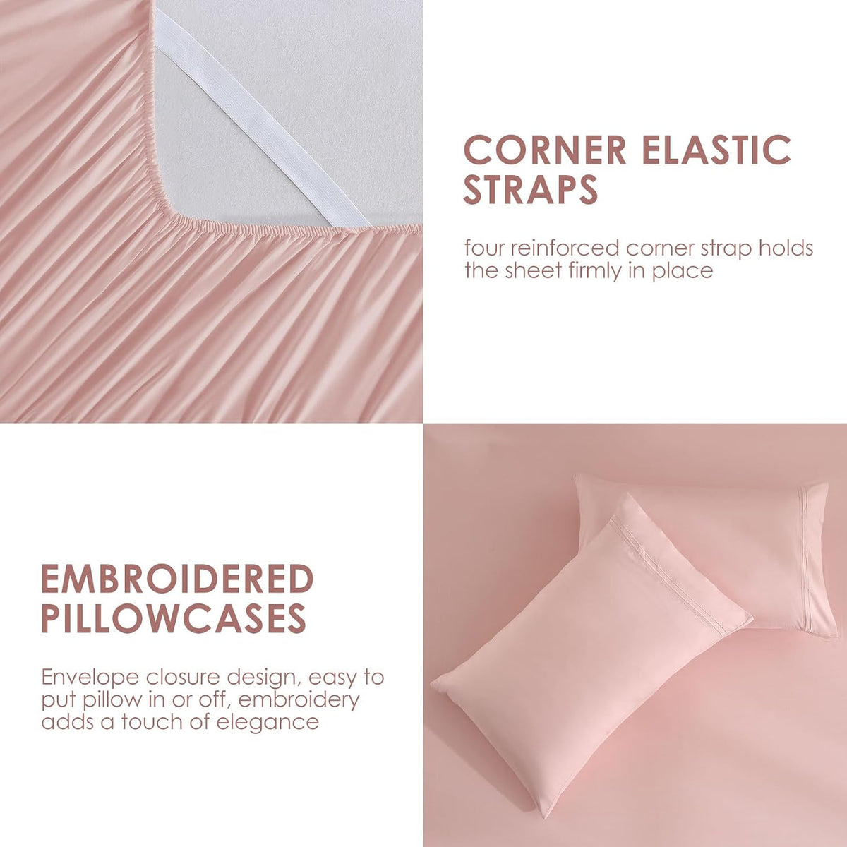 Dusty Pink Queen Sheet Set Side Pocket, Microfiber Deep Pocket with Corner Straps
