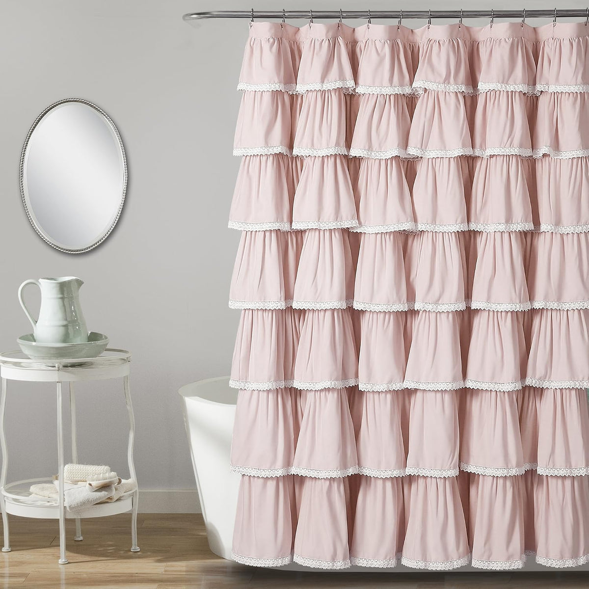 Lace Ruffle Shower Curtain Single 72" W x 72" L Blush - Pink Shower Curtains for Bathroom - Ruffle Bathroom Curtain - Coquette Bathroom Decor