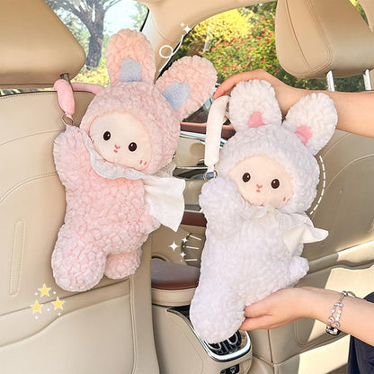 Plush Rabbit Car Tissue Holder Hanging Backseat, Pink Rabbit