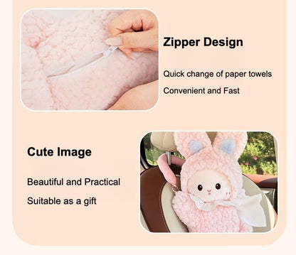 Plush Rabbit Car Tissue Holder Hanging Backseat, Pink Rabbit