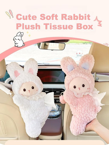 Plush Rabbit Car Tissue Holder Hanging Backseat, Pink Rabbit