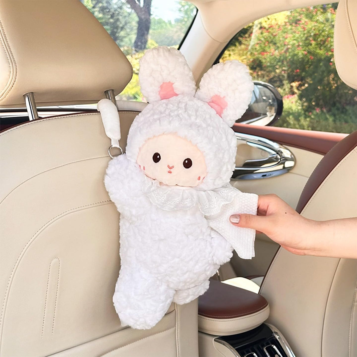 Plush Rabbit Car Tissue Holder Hanging Backseat, Pink Rabbit