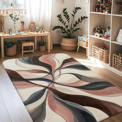 Swirls Area Rug, Modern Contemporary Leaves Curves None Peach Low Pile Sponge Aesthetic Rectangle Home Floor Carpet Rugs for Living Room Bedroom Classroom Apartment Decor 4' X 6'