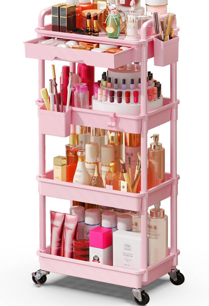 Makeup Cart Organizer with Drawer, 4 Tier Rolling Makeup Cart, Pink