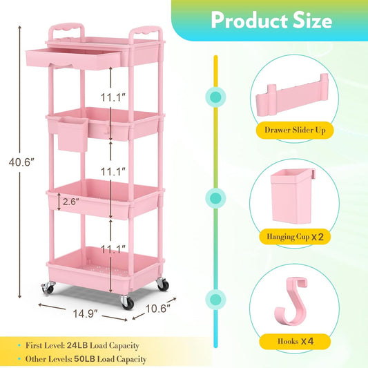 Makeup Cart Organizer with Drawer, 4 Tier Rolling Makeup Cart, Pink