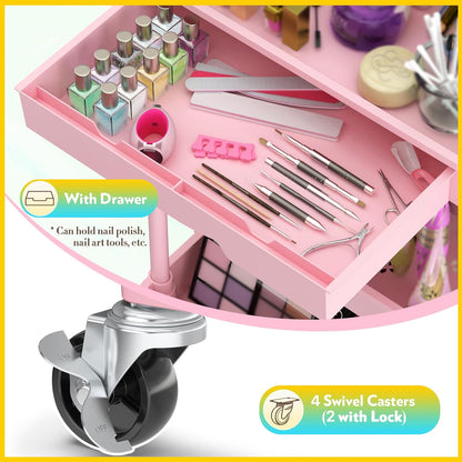 Makeup Cart Organizer with Drawer, 4 Tier Rolling Makeup Cart, Pink