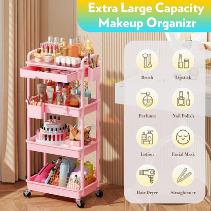 Makeup Cart Organizer with Drawer, 4 Tier Rolling Makeup Cart, Pink