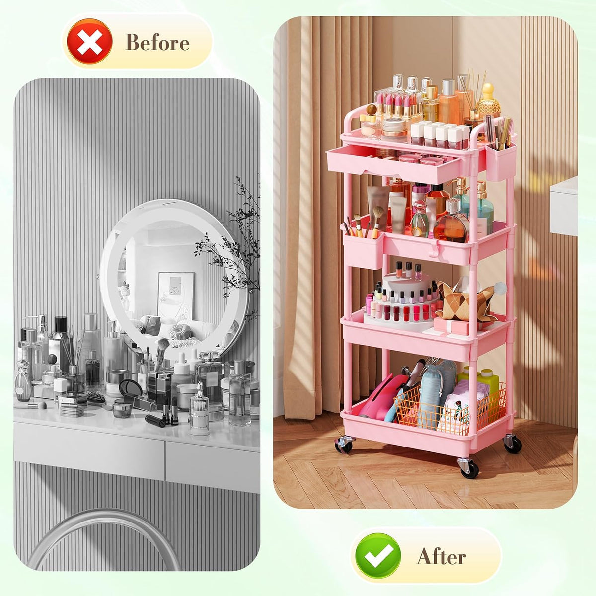 Makeup Cart Organizer with Drawer, 4 Tier Rolling Makeup Cart, Pink