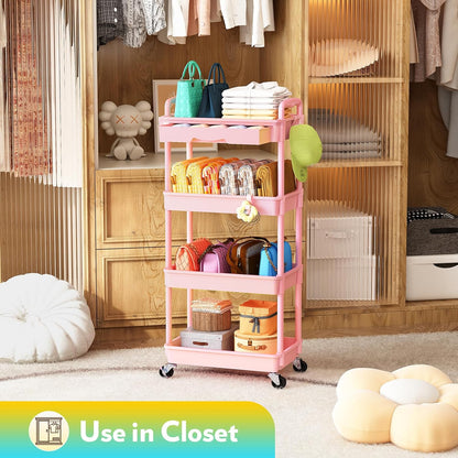Makeup Cart Organizer with Drawer, 4 Tier Rolling Makeup Cart, Pink