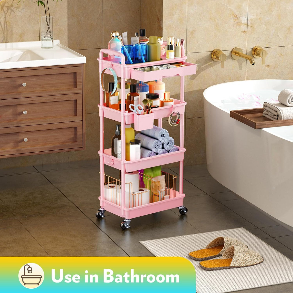 Makeup Cart Organizer with Drawer, 4 Tier Rolling Makeup Cart, Pink