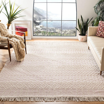 Natura Collection Accent Rug - 3' x 5', Ivory & Pink, Handmade Moroccan Boho Wool Fringe, Ideal for High Traffic Areas in Entryway, Living Room, Bedroom (NAT852R)