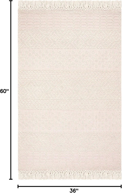 Natura Collection Accent Rug - 3' x 5', Ivory & Pink, Handmade Moroccan Boho Wool Fringe, Ideal for High Traffic Areas in Entryway, Living Room, Bedroom (NAT852R)
