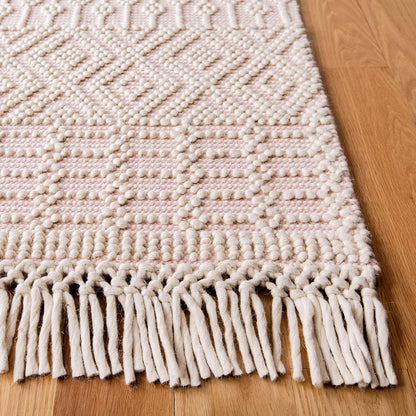 Natura Collection Accent Rug - 3' x 5', Ivory & Pink, Handmade Moroccan Boho Wool Fringe, Ideal for High Traffic Areas in Entryway, Living Room, Bedroom (NAT852R)