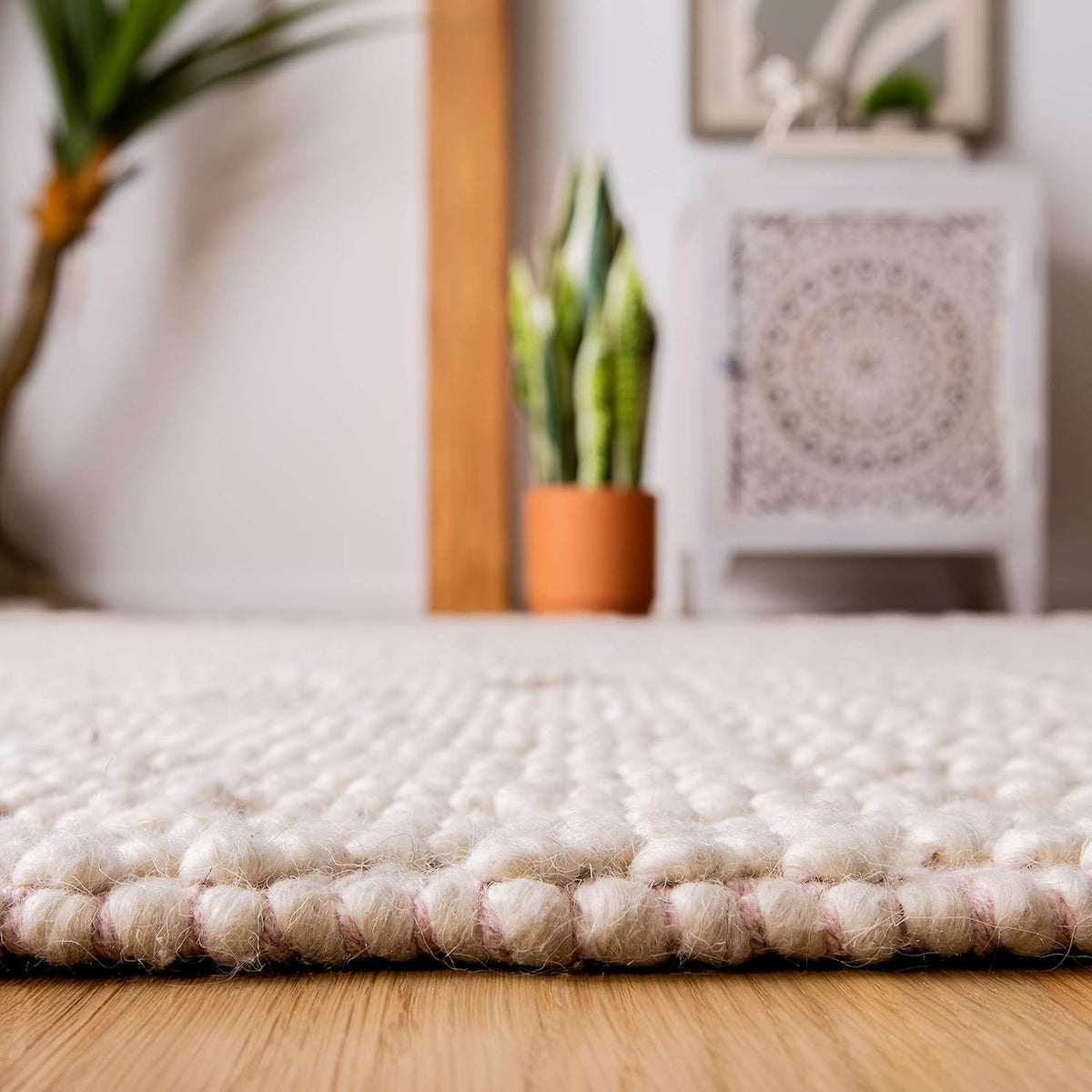 Natura Collection Accent Rug - 3' x 5', Ivory & Pink, Handmade Moroccan Boho Wool Fringe, Ideal for High Traffic Areas in Entryway, Living Room, Bedroom (NAT852R)