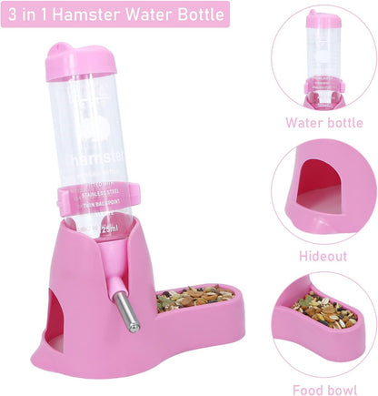 3 in 1 Hamster Water Bottle with Food Bowl Hideout Base, 125ML, Pink