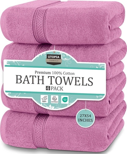 4 Pack Premium Bath Towels, 27x54 in, 600 GSM Cotton Pink