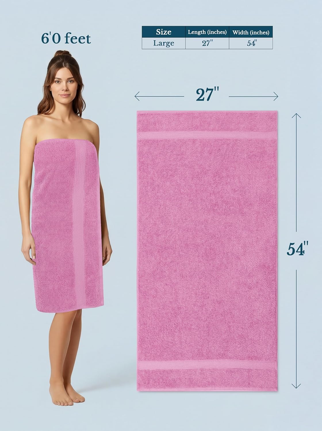 4 Pack Premium Bath Towels, 27x54 in, 600 GSM Cotton Pink