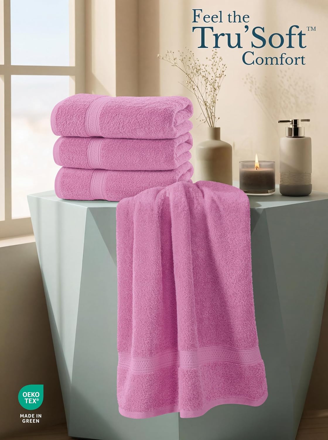 4 Pack Premium Bath Towels, 27x54 in, 600 GSM Cotton Pink