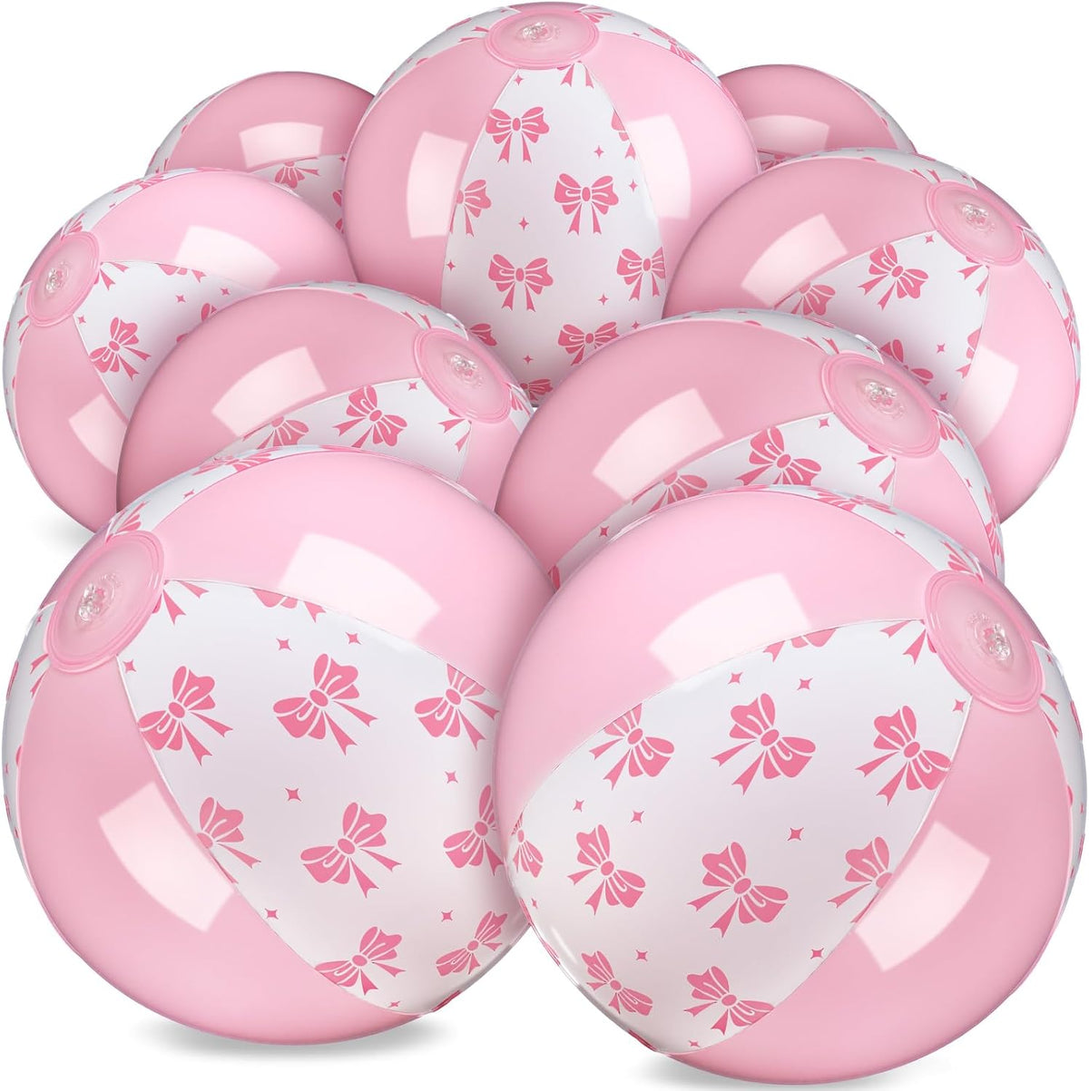 12 Pcs 9 Inch Pink Bow Inflatable Beach Balls Coquette Cute Pool Floats PVC Balls for Summer Hawaiian Tropical Theme Beach Pool Bachelorette Party Supplies (Pink White)