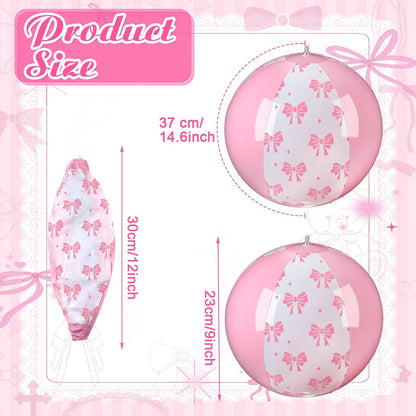 12 Pcs 9 Inch Pink Bow Inflatable Beach Balls Coquette Cute Pool Floats PVC Balls for Summer Hawaiian Tropical Theme Beach Pool Bachelorette Party Supplies (Pink White)