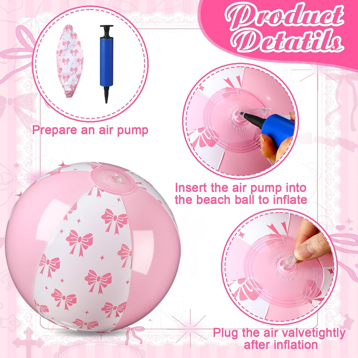 12 Pcs 9 Inch Pink Bow Inflatable Beach Balls Coquette Cute Pool Floats PVC Balls for Summer Hawaiian Tropical Theme Beach Pool Bachelorette Party Supplies (Pink White)