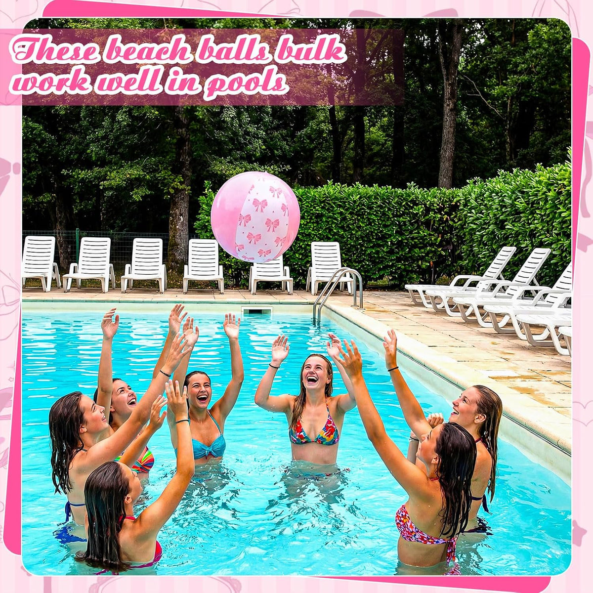 12 Pcs 9 Inch Pink Bow Inflatable Beach Balls Coquette Cute Pool Floats PVC Balls for Summer Hawaiian Tropical Theme Beach Pool Bachelorette Party Supplies (Pink White)