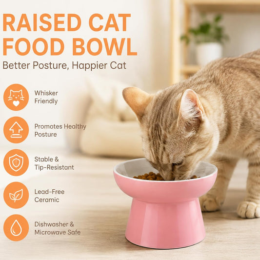 Raised Cat Food Bowl – Ceramic Elevated Cat Bowl for Whisker & Neck Fatigue,Non-Slip & Anti Vomiting Pet Feeder for Kittens to Adult Cats and Small Dogs,Dishwasher Safe(Pink)