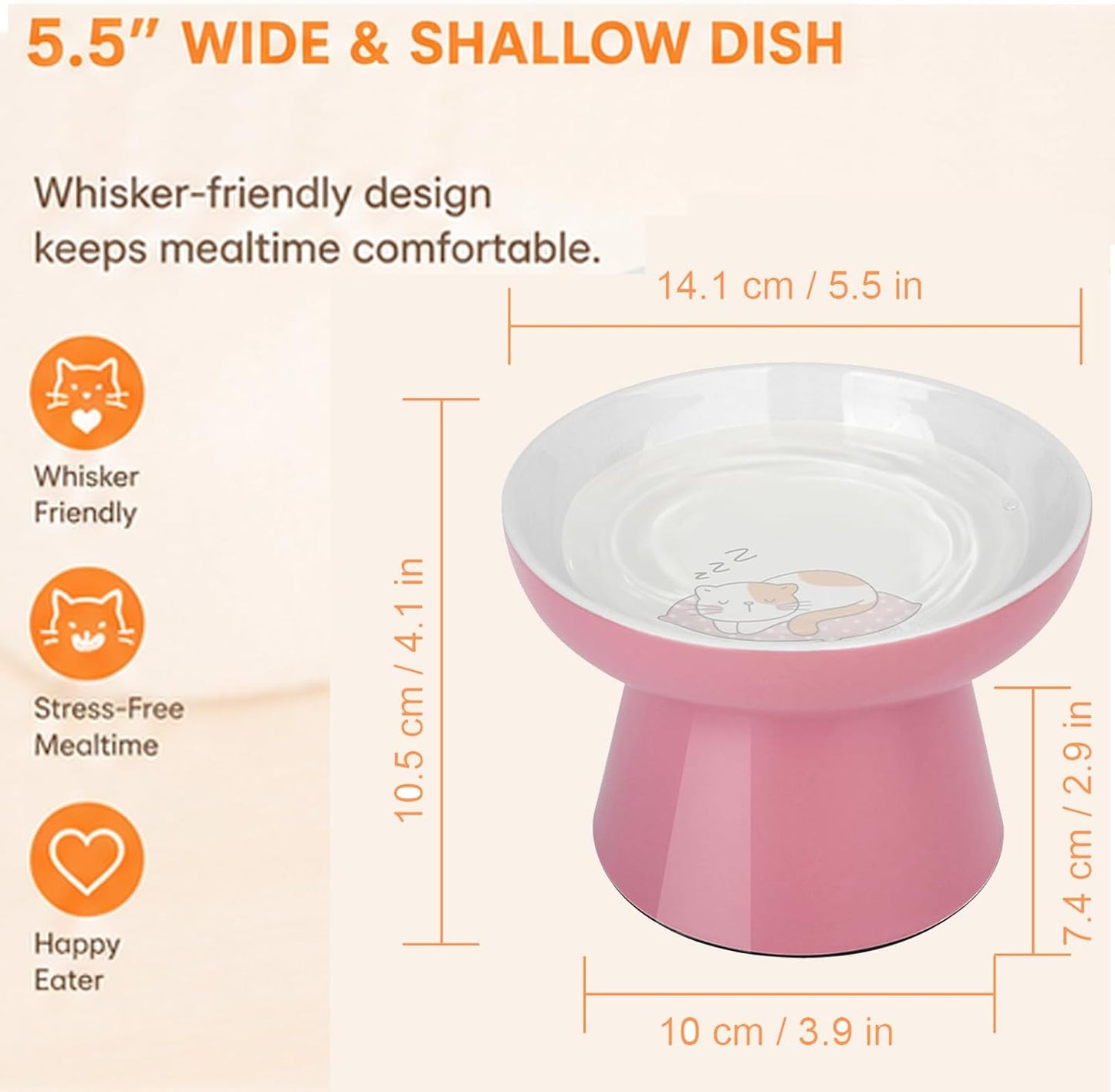 Raised Cat Food Bowl – Ceramic Elevated Cat Bowl for Whisker & Neck Fatigue,Non-Slip & Anti Vomiting Pet Feeder for Kittens to Adult Cats and Small Dogs,Dishwasher Safe(Pink)