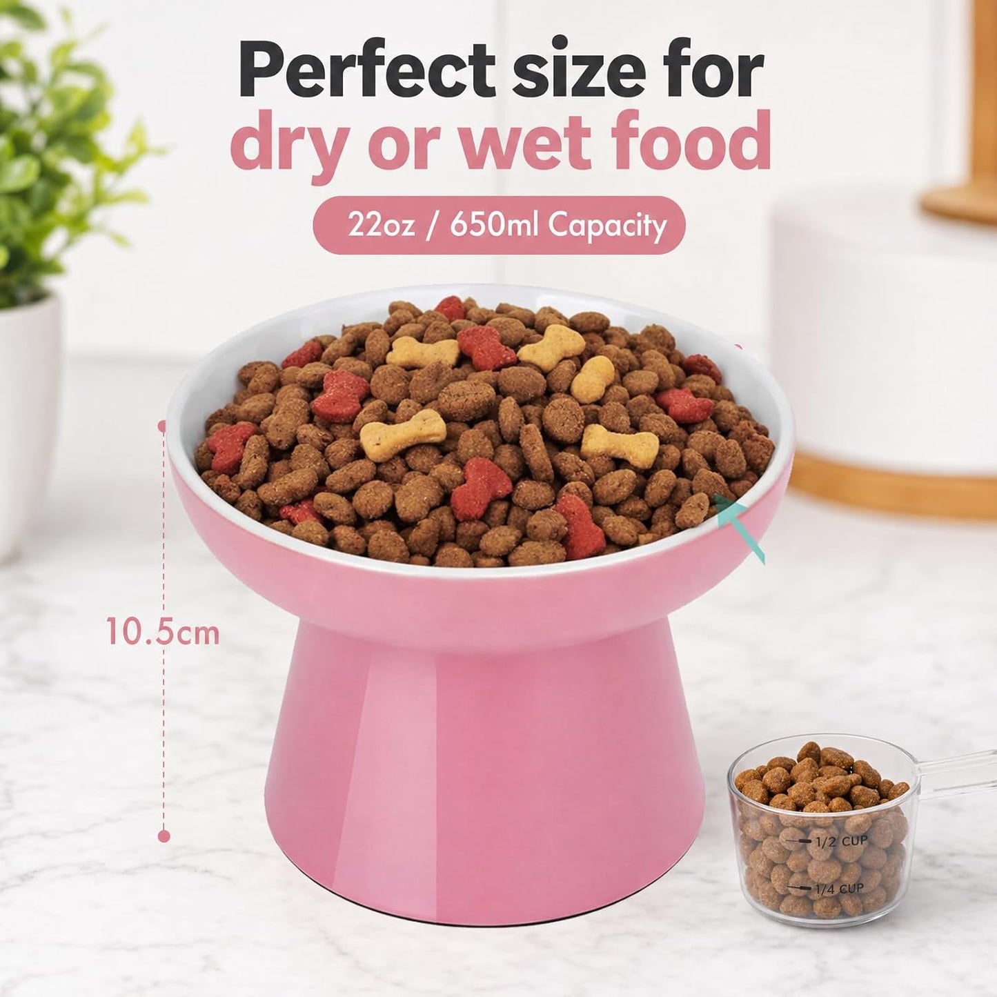 Raised Cat Food Bowl – Ceramic Elevated Cat Bowl for Whisker & Neck Fatigue,Non-Slip & Anti Vomiting Pet Feeder for Kittens to Adult Cats and Small Dogs,Dishwasher Safe(Pink)