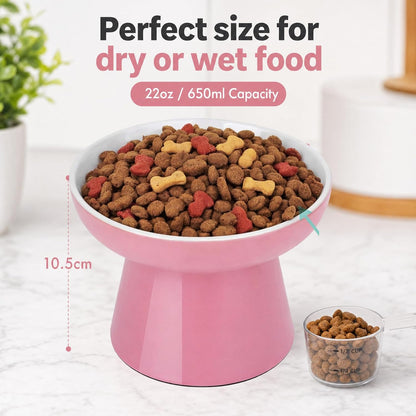Raised Cat Food Bowl – Ceramic Elevated Cat Bowl for Whisker & Neck Fatigue,Non-Slip & Anti Vomiting Pet Feeder for Kittens to Adult Cats and Small Dogs,Dishwasher Safe(Pink)
