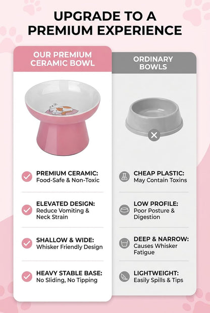 Raised Cat Food Bowl – Ceramic Elevated Cat Bowl for Whisker & Neck Fatigue,Non-Slip & Anti Vomiting Pet Feeder for Kittens to Adult Cats and Small Dogs,Dishwasher Safe(Pink)