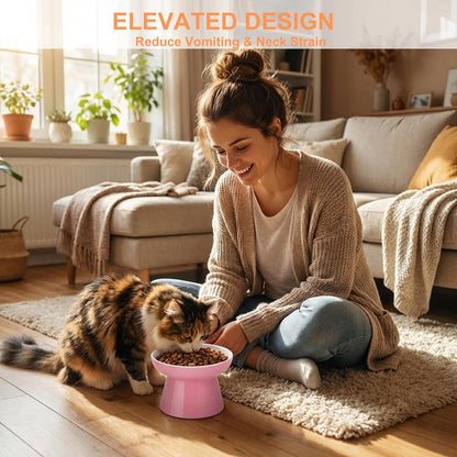 Raised Cat Food Bowl – Ceramic Elevated Cat Bowl for Whisker & Neck Fatigue,Non-Slip & Anti Vomiting Pet Feeder for Kittens to Adult Cats and Small Dogs,Dishwasher Safe(Pink)