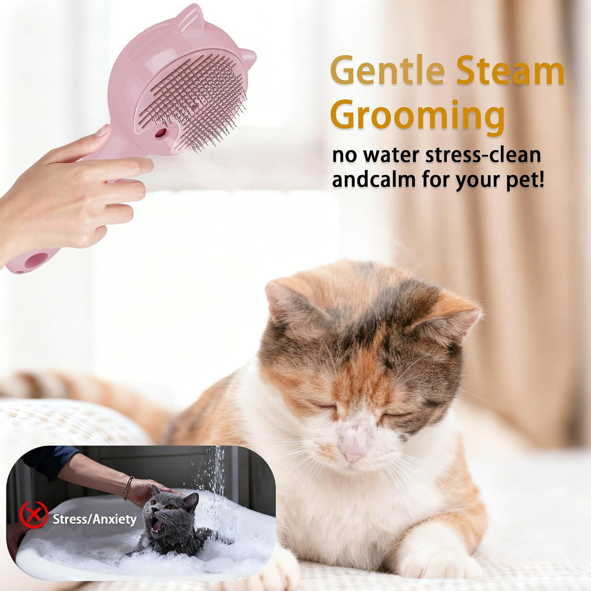 Pet Steam Brush for Cats & Dogs ，3-in-1 Pet Grooming Comb，Reduces Shedding, Soft Bristles, Promotes Healthy Coat-Comes - Includes Waterless Shampoo，Pink