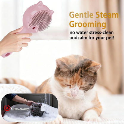 Pet Steam Brush for Cats & Dogs ，3-in-1 Pet Grooming Comb，Reduces Shedding, Soft Bristles, Promotes Healthy Coat-Comes - Includes Waterless Shampoo，Pink
