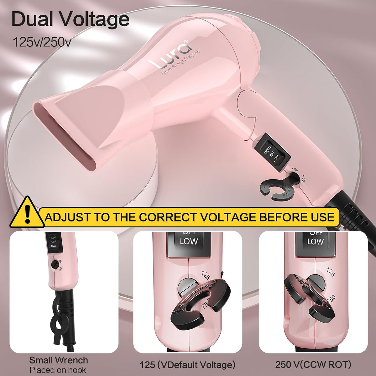 Foldable Travel Hair Dreyr Mini:Dual Voltage Small Lightweight Blow Dryer for International Travel,1200w Compact Hairdryer with Concentrator and Travel Bag(Light Pink)