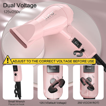 Foldable Travel Hair Dreyr Mini:Dual Voltage Small Lightweight Blow Dryer for International Travel,1200w Compact Hairdryer with Concentrator and Travel Bag(Light Pink)