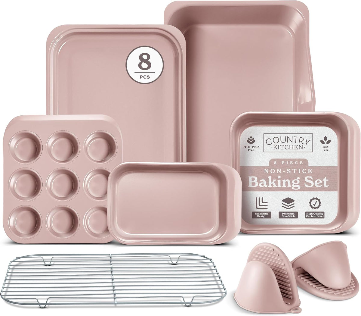 Nonstick Stackable Bakeware Set - Deluxe Heavy Duty, Durable, Easy Release Baking Set, 8 Pcs, Pink